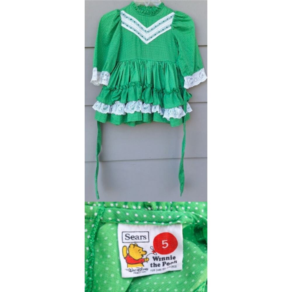 Vintage Sears Winnie the Poo Girls Ruffle Dress Green Polka Dots Lace 60s 70s 5